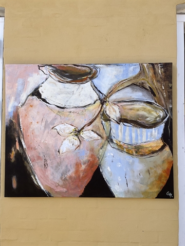 Maleri 80 x 100 cm, Krukker m/ magnolie gren